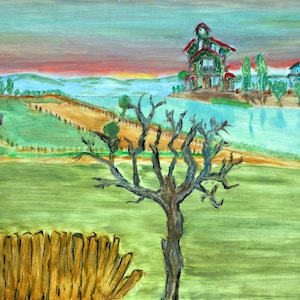 Pintura original de Sandra Higgerty - Costa Oeste - gouache/acuarela sobre cartón - 20 x 30 cm - Pintura Seroe Naive
