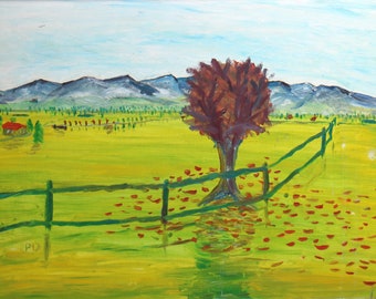 Peinture originale Sandra Higgerty « Lonesome Tree » - SÉRIE DE PEINTURE NAIVE - huile sur bois, 40 x 50 cm, encadrée