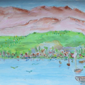 Original painting by Sandra Higgerty - "Le Lac Leman" - gouache/watercolor on cardboard - 24 x 32 cm - Naive painting series