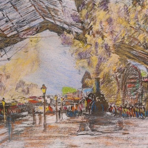 After Claude Monet - La Gare Saint-Lazare 1877 - True-to-original facsimile of a lithograph, hand-colored, 21 x 30 cm on cardboard
