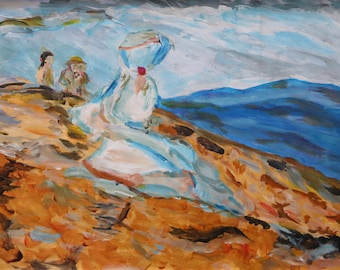Peinture originale d&#39;après Joaquin Sorolla - Instantané de Biarritz - par C.V.Sierra - Gouache sur carton 30 x 40 cm
