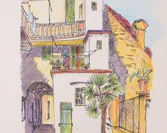 May include: A colorful pen and ink drawing of a European street scene. The artwork depicts white buildings with balconies, green shutters, and a palm tree. Laundry hangs from a balcony, and a person stands on a balcony.