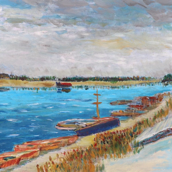 Original Gemälde nach Vincent van Gogh "Vue d'une rivière avec bateaux à rames" - Gouache  auf Leinwand, 30 x 40 cm, gerahmt