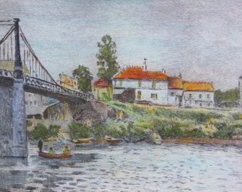 Alfred Sisley: Facsimile of a lithograph &quot;Pont de Villeneuve La Garenne&quot; hand-colored 21 x 30 cm