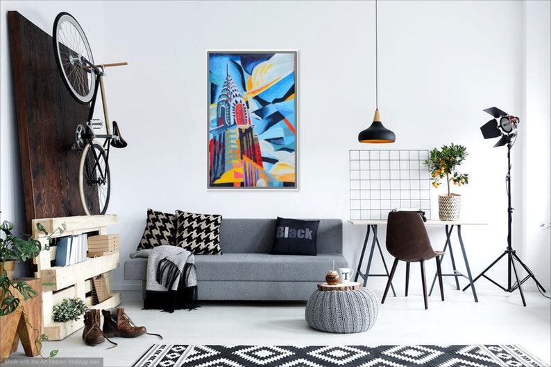 Peinture originale de Runkersraith Chrysler Building Neal Caffrey de White Collar, huile et gouache sur toile 84 x 55 cm image 9