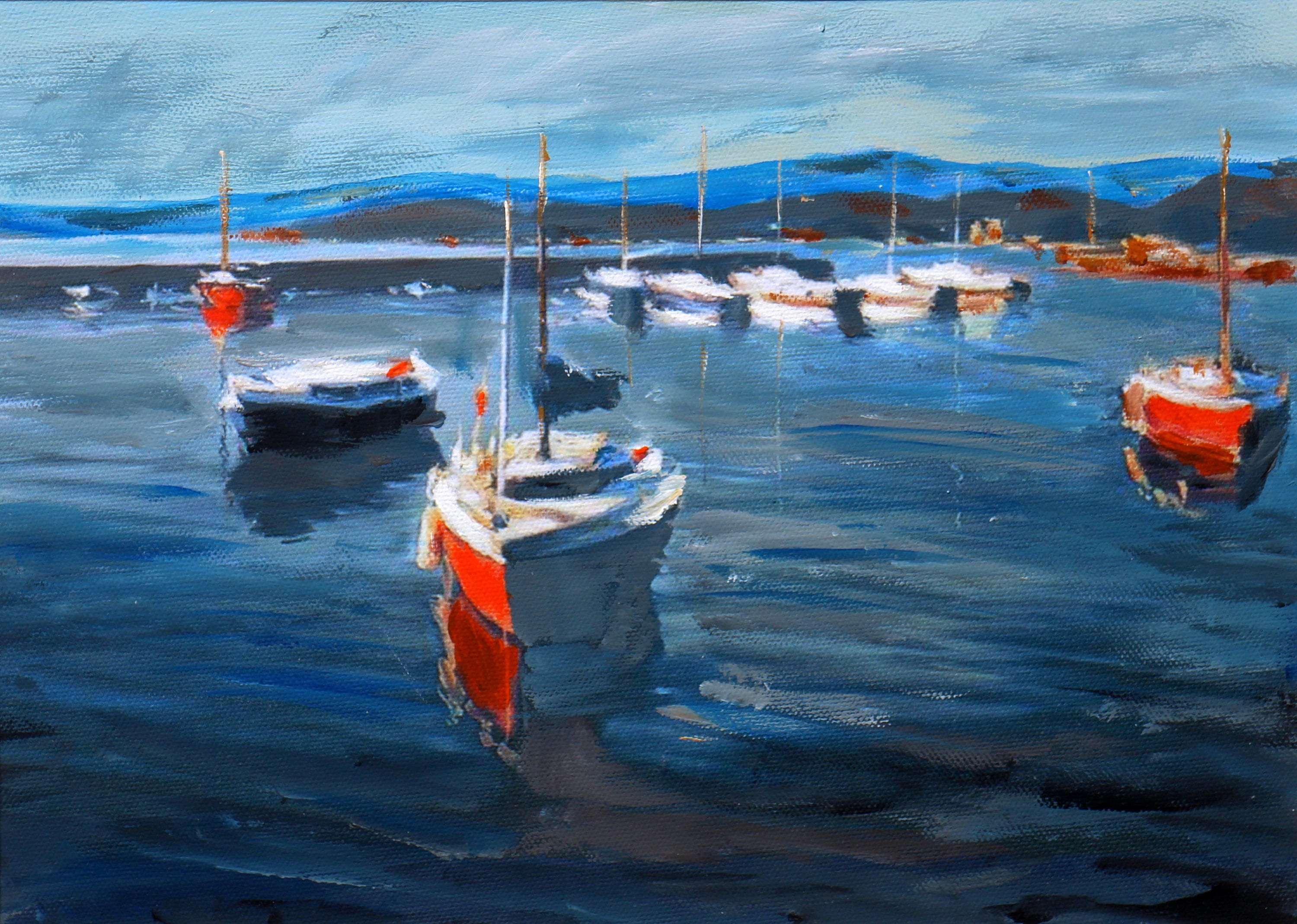 Runkersraith - BATEAUX - Peinture originale en hommage à Vladimir Wolegew. 22 x 30 cm, encadrée, avec passe-partout 30 x 40 cm.