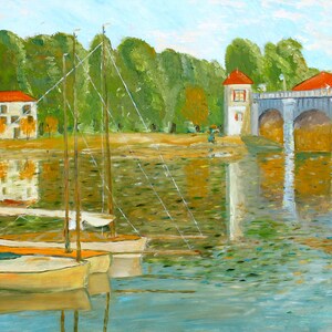Original oil painting after Claude Monet: &quot;Le Pont d‘Argenteuil&quot; - Oil on wood 100 x 80 cm, Framed