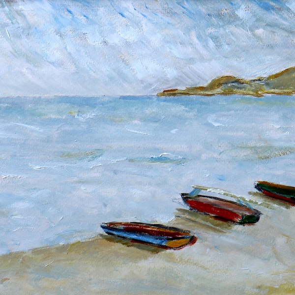 Original Gemälde von Runkersraith  -  Trois Bateaux près d‘Ile de Ré Öl auf Karton 26 x 50 cm