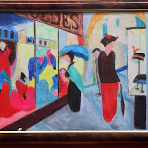 Oryginalny obraz według Augusta Macke'a „Sklep z modą” Oryginał gwaszem na tekturze 30 x 40 cm, oprawiony