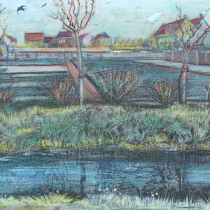 Depois de Vincent van Gogh - Nursery on Schenkweg - Fac-símile fiel ao original de uma litografia, colorida à mão, 21 x 14 cm em papelão