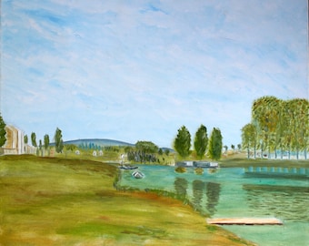 Peinture à l'huile originale d'après Edouard Manet - Par C.V.Sierra - Au Bord de l'Oise Huile sur toile 50 x 60 cm, encadrée