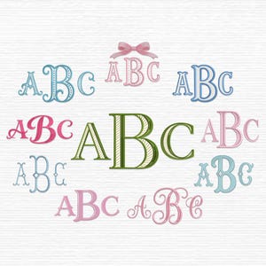 May include: A collection of monogram designs featuring the letters "ABC" in various styles and colors. The designs include ornate, script, and classic fonts in shades of blue, pink, green, and gold, with a light background.