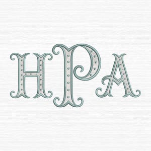 May include: Embroidered monogram letters H, P, and A in a light teal color with a dotted pattern and decorative swirls. The letters are on a white background.