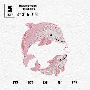 Puede incluir: Diseño de bordado rosa con dos delfines, texto "EMBROIDERY DESIGN FOR MACHINES" y tamaños de 10 cm a 20 cm. Incluye formatos de archivo PES, DST, EXP, JEF y VP3.