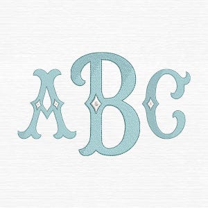 Puede incluir: Letras bordadas A, B y C en azul claro sobre fondo blanco. Cada letra presenta un diseño decorativo y un pequeño acento en forma de diamante. Las letras están en una fuente elegante y clásica.