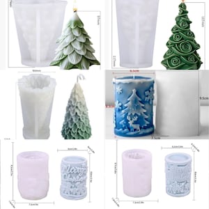 May include: A collection of Christmas-themed candles and molds. The candles are shaped like Christmas trees and cylinders, with various designs and colors, including green, blue, and white. The molds are clear and show the shapes of the candles. Measurements are in inches.