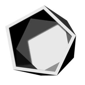 May include: A geometric, pentagonal-shaped display box with a white frame and a black and gray interior. The box has a three-dimensional appearance, with shadows creating depth and dimension. The design is modern and minimalist.