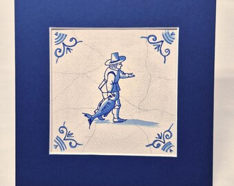 Acuarela y tinta que representa un azulejo holandés del siglo XVII: Pescadero