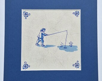 Acuarela y tinta que representa un azulejo holandés del siglo XVII: Pescador