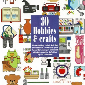 Può includere: Illustrazione colorata con 30 hobby e artigianato, tra cui cucito, disegno, cucina e altre attività. È presente anche il testo "30 Hobbies & Crafts".