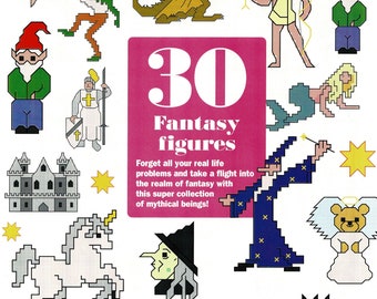 Puede incluir: Una colección de 30 figuras de fantasía pixeladas, que incluyen hadas, dragones, castillos y magos. Las figuras son de varios colores y están dispuestas sobre un fondo blanco. El texto dice "30 Fantasy figures".