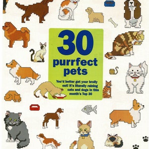 May include: A colorful illustration featuring pixelated images of various cats and dogs. The text "30 purrfect pets" is prominently displayed, with additional text promoting the content. Paw prints and a bone are also included.