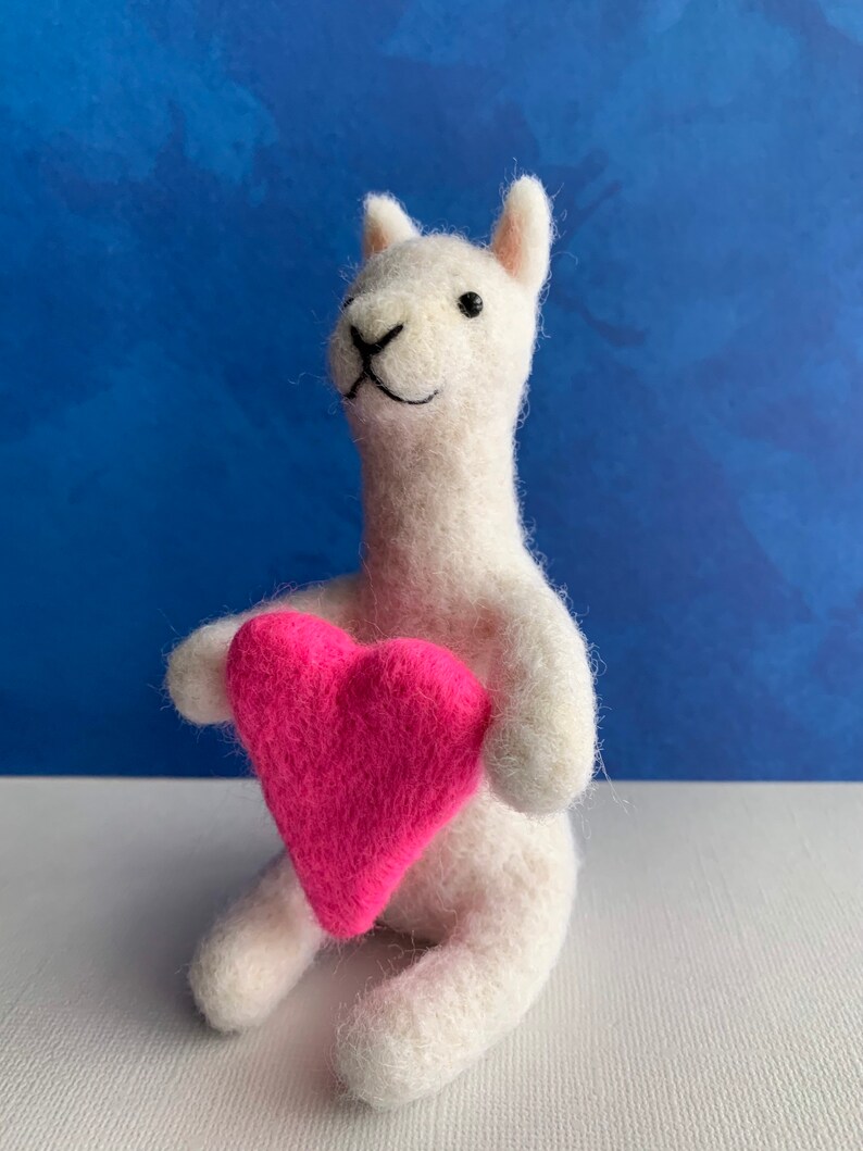 Needle felted llama with pink heart