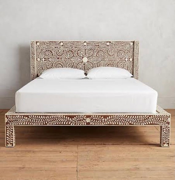Bone Inlay Bed Floral Pattern Vintage Look King and Queen Size
