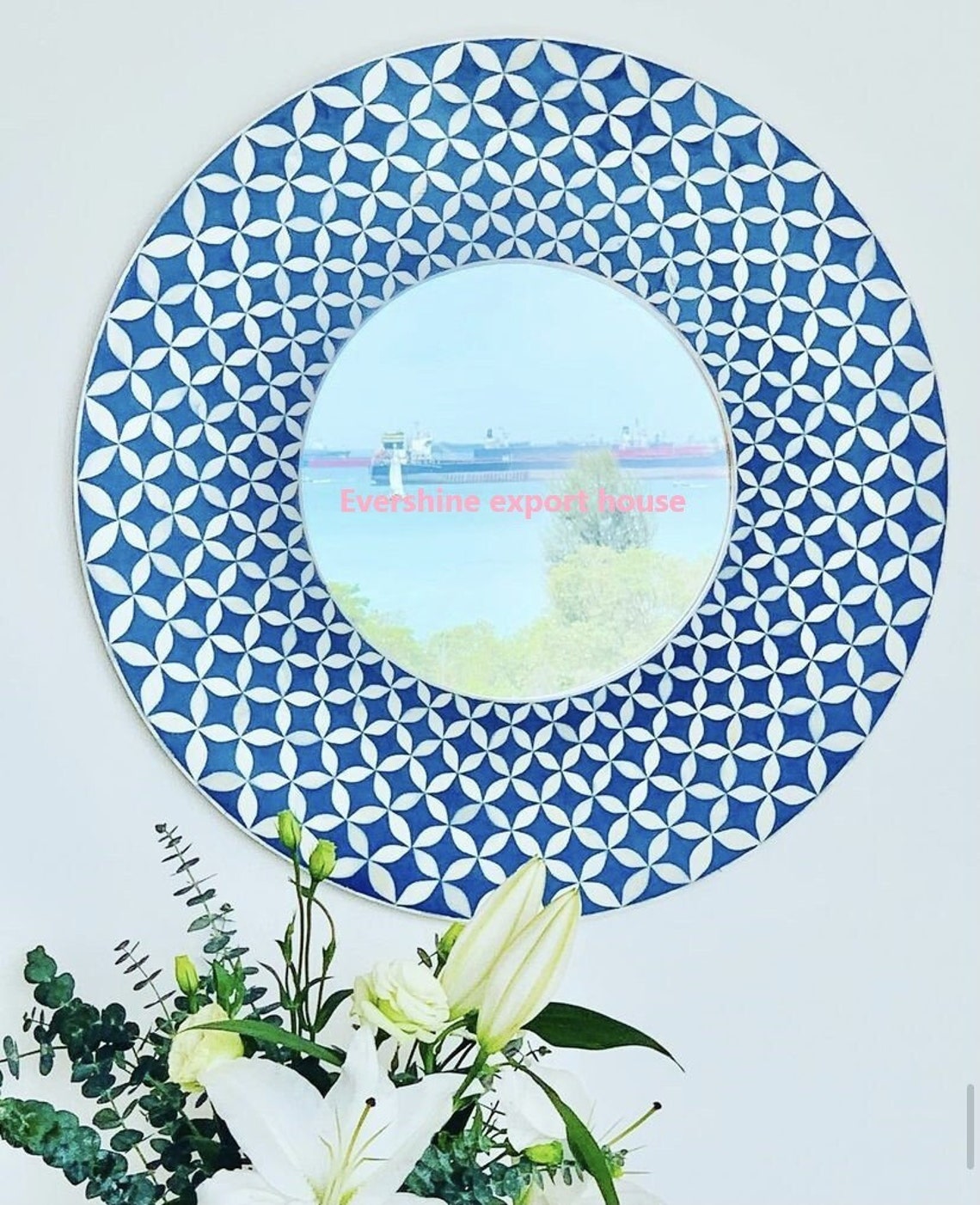 Blue Hand Made Stunning Bone Inlay Round Mirror Circle Mirror Etsy UK
