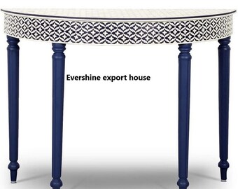 Demilune Bone Inlay console , Wooden Entryway Desk , Blue Color Geometric Luxury table "Personalized Gift"