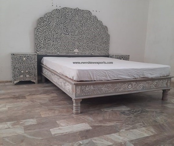 Bone Inlay Bed Modern Mother of Pearl Floral Pattern King and
