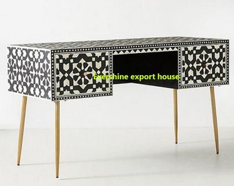 Beautifully Handcrafted Bone inlay Black & White Designer Console Table,Office Table with two drawers,Brass Polished Metal Legs,Brass Knobs.