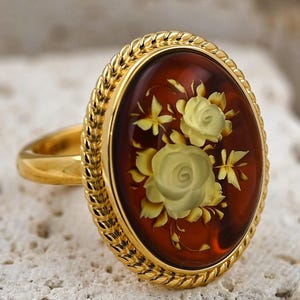 Rose Camea Ring, Genuine Baltic Amber, Cognac Amber Ring, Big Amber Ring, Gemstone Ring, Gold Plated Sterling Silver, Adjustable Ring