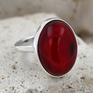 Red Amber Ring, Natural Red Gemstone Ring, Ruby Baltic Amber Ring, Sterling Silver 925, Genuine Red Stone Ring, Adjustable Amber Ring