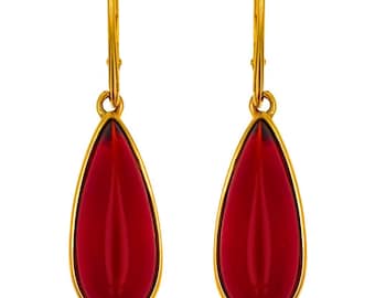 Classy Red Amber Drop Earrings, Genuine Baltic Amber, Red Gemstone, Gilded Sterling Silver, Gold Plated Sterling Silver, Amber Gold Earrings