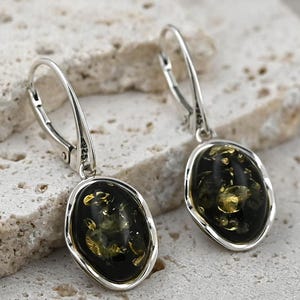 Classy Green Amber Earrings Jewelry, Genuine Baltic Amber, Green Stone, Sterling Silver, Amber Silver Earrings, Long Gemstone Earrings