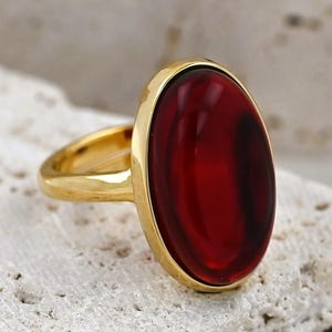Natural Red Amber Ring, Oval Gemstone, Genuine Stone Amber, Ruby Baltic Amber, Amber Gold Ring, Gold Plated Sterling Silver, Adjustable Ring