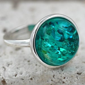 Blue Baltic Amber Ring, Azure Amber Ring, Azure Natural Stone Ring, Round Blue Stone and Silver Ring, Sterling Silver 925, Adjustable Ring