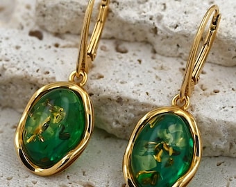 Bottle Green Amber Earrings, Azure Baltic Amber Earrings, Long Stone Earrings, Natural Gemstone, Gold-plated Sterling Silver, Amber Jewelry