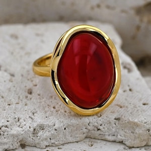 Classy Red Amber Ring, Natural Gemstone, Red Stone Amber, Ruby Baltic Amber, Amber Gold Ring, Gold Plated Sterling Silver, Adjustable Ring