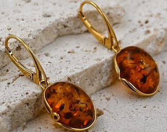 Natural Baltic Amber Earrings, Authentic Cognac Amber Earrings, Long Gold Earrings, Gold-plated Sterling Silver, Gemstone Jewelry
