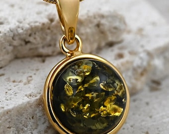 Green Baltic Amber Pendant, Dark Green Stone Pendant, Natural Amber Gold Jewelry, Gold-plated Sterling Silver, Small Round Gemstone Pendant