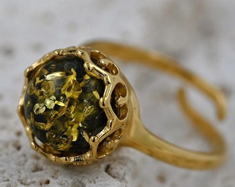 Anillo de ámbar verde auténtico, anillo pequeño de ámbar báltico, anillo de piedra preciosa verde, piedra verde con oro, plata de ley chapada en oro, anillo ajustable