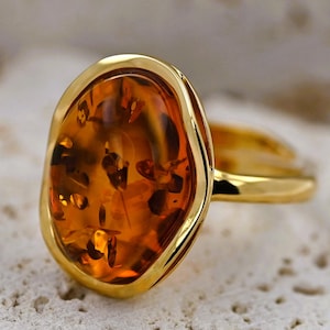 Baltische honing barnsteen ring, natuurlijke barnsteen, cognac barnsteen ring, verguld sterling zilver, vergulde zilveren 925 ring, verstelbare ring