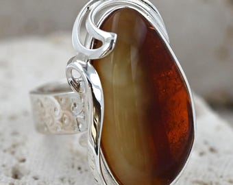 Natural Red Amber Ring, Unique Baltic Amber, Dark Amber Ring, Milky Amber Stone Ring, Sterling Silver, Amber Silver Ring, Adjustable Ring