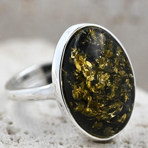 Natural Green Amber Ring, Authentic Baltic Sea Amber, Sterling Silver 925, Oval Green Stone Ring, Genuine Gemstone Jewelry, Adjustable Ring