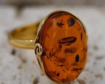 Anillo de ámbar báltico, ámbar natural, ámbar coñac, plata de ley bañada en oro, plata 925 bañada en oro, ajustable.
