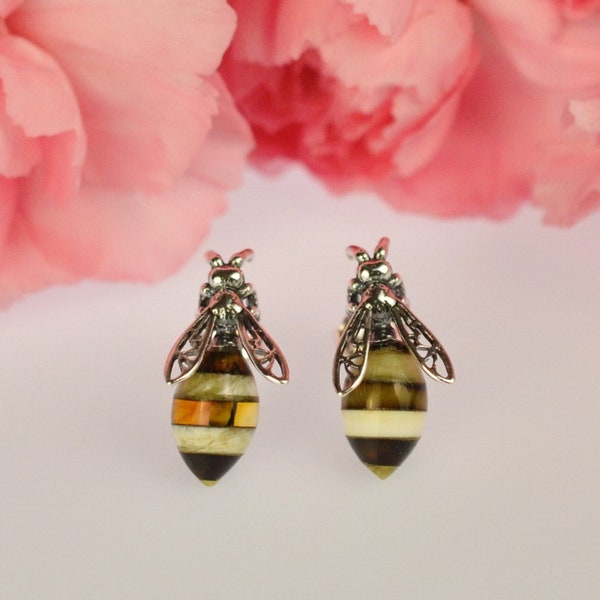 Bee Amber & Silver 925 Earrings, Bee Amber Stud Earrings, Natural Gemstone Stud Earrings, Bee Jewelry, Baltic Amber Earrings