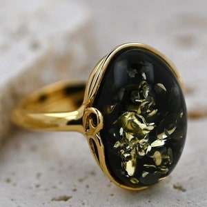 Green Baltic Amber Ring, Genuine Amber, Amber Ring Gold, Small Amber Ring, Green Stone, Gold plated Sterling Silver 925, Adjustable Ring