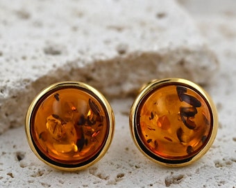 Natural Baltic Amber Stud Earrings, Amber Gold Earrings, Gold-plated Sterling Silver, Cognac Amber, Gemstone Stud Earrings